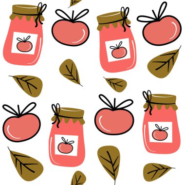 Sevimli sonbahar, dikişsiz vektör desenli arka plan çizimi, güz yapraklı kavanoz ev yapımı elma reçeli ve elmalı