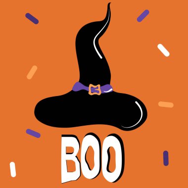 Kara Cadı şapkası ve el çizimi cadılar bayramı harfi yazılı metin ve konfeti vektör çizimi.