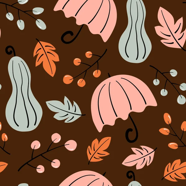 Niedlich Schöne Herbstsaison Nahtlose Vektormuster Hintergrund Illustration Mit Regenschirmen Blättern — Stockvektor