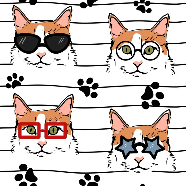 Schattig Mooi Naadloos Vector Patroon Illustratie Met Katten Met Bril — Stockvector
