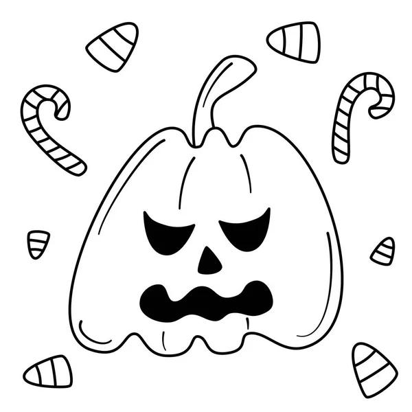 Roztomilý Kreslený Černobílý Znak Vektor Ilustrace Halloween Dýně Bonbóny Pro — Stockový vektor