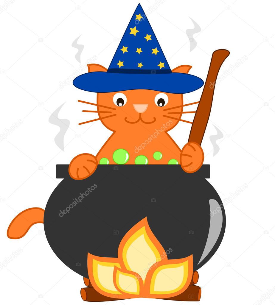 Magicien Magique Dessin Anime Chat Orange Et Son Illustration Vectorielle Chaudron Pour Les Enfants Image Vectorielle Par Alicev1978 C Illustration