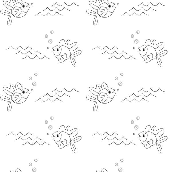 Cartoon fish in black and white seamless vector pattern illustration — Stock Vector