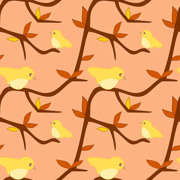 Pájaro en una rama en una ilustración del patrón vectorial de dibujos animados sin costuras de la tarde de otoño — Archivo Imágenes Vectoriales