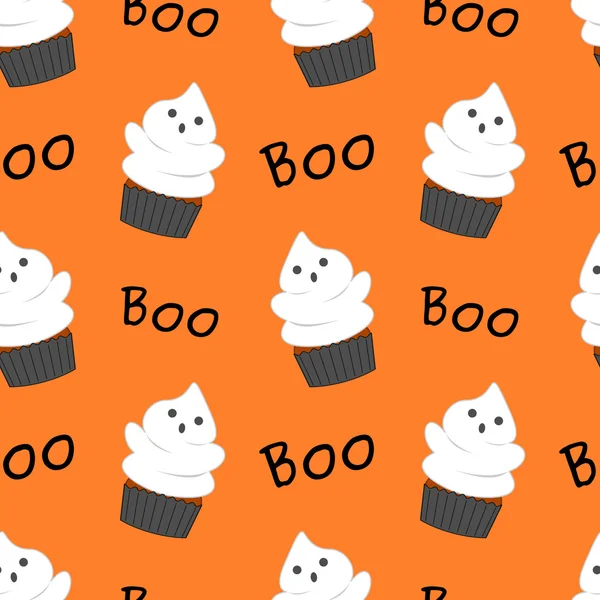 Lindo halloween fantasma cupcake divertido dibujos animados sin costuras patrón vector ilustración — Archivo Imágenes Vectoriales