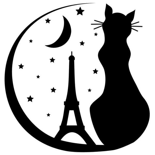 Gato con silueta de torre Eiffel ilustración del logotipo del vector en blanco y negro — Archivo Imágenes Vectoriales