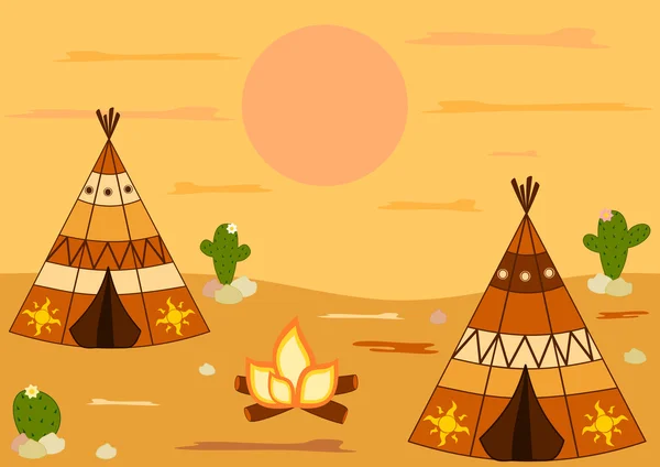 Indiai-amerikai bennszülött teepee sátor rajzfilm vektor háttér illusztráció — Stock Vector