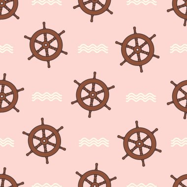 Şirin el çizimi denizcisiz vektör deseni çizimi kahverengi gemi dümeni ve pembe arka planda beyaz dalgalar