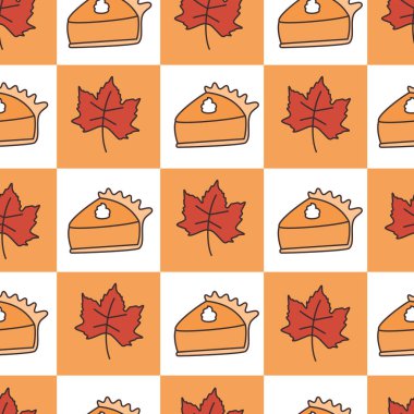 Şirin sonbahar sonbahar sonbahar el çizilmiş kareli dikdörtgen vektör desenli arkaplan çizimi balkabağı turtası ve yapraklı