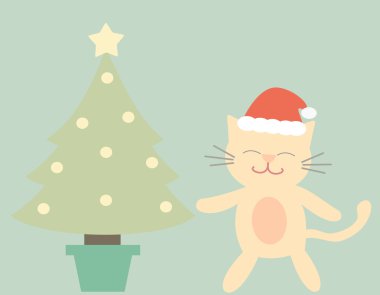 arka plan illüstrasyon vektör sevimli çizgi Noel ağacı ve kedi komik tatil