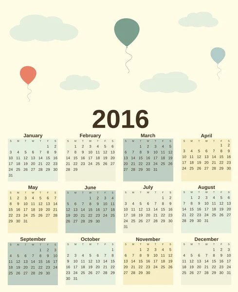 Милый романтический пастель красочный 2016 календарь с воздушными шарами и облачные векторные иллюстрации — стоковый вектор