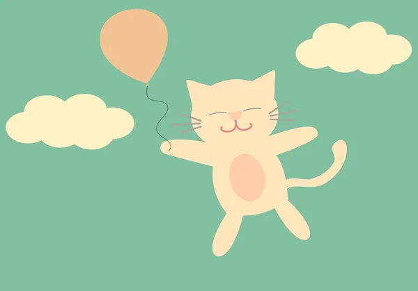 Mooie cartoon kat vliegen in de lucht met ballon schattig vectorillustratie achtergrond — Stockvector