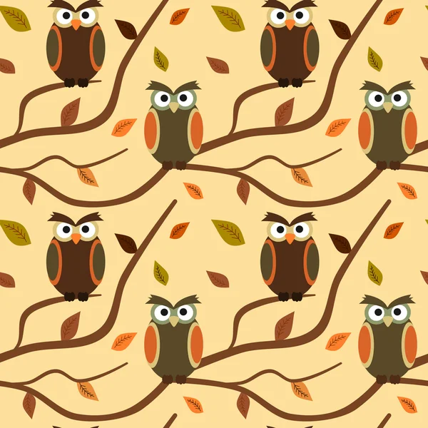 Búho de dibujos animados en rama con hojas de otoño patrón vectorial sin costura ilustración de fondo — Archivo Imágenes Vectoriales