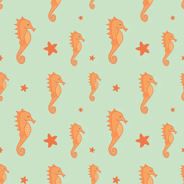 Naranja caballito de mar y estrellas de mar patrón de vectores sin costura ilustración de fondo — Vector de stock