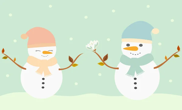 Romantico pupazzo di neve dando fiore a simpatico snowlady bella illustrazione vettoriale — Vettoriale Stock