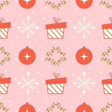 Şirin bir el pembe, yeşil ve kırmızı kış tatili renksiz vektör desenli arkaplan çizimi hediye kutuları, kar taneleri, böğürtlenli dallar ve noel mücevherleriyle