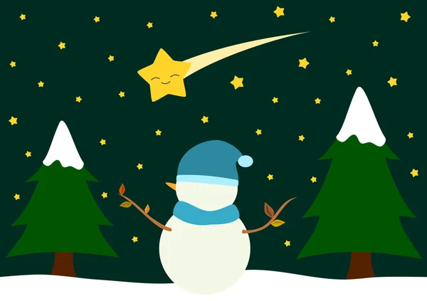 Carino cartone animato pupazzo di neve guardando cometa vacanze vettoriale illustrazione — Vettoriale Stock