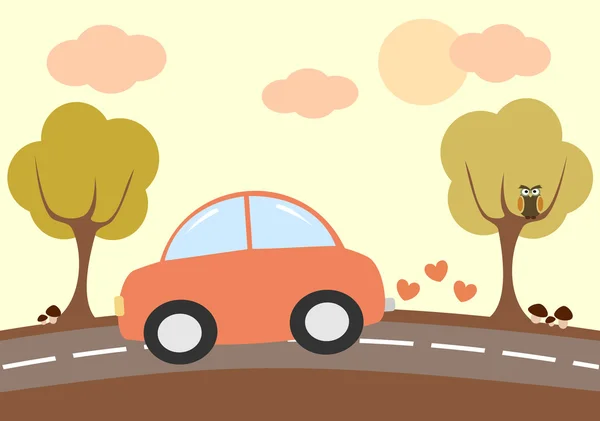 Χαριτωμένο γελοιογραφία lovely αυτοκίνητο οδήγησης στην χώρα εικόνα διάνυσμα — Διανυσματικό Αρχείο