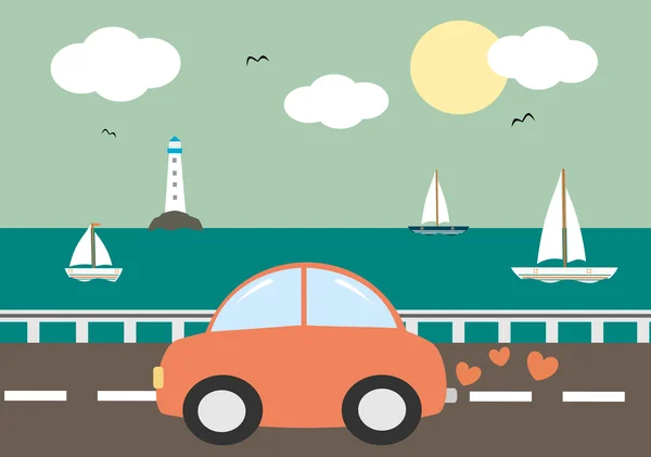 Cute cartoon rode auto rijden op zee achtergrond vectorillustratie — Stockvector