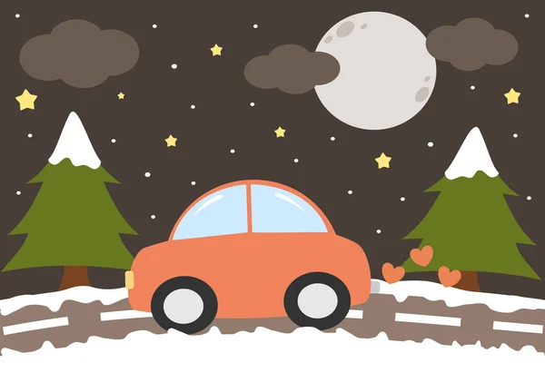 Lindo dibujo animado coche rojo conducción en una noche de invierno vector divertido ilustración — Vector de stock