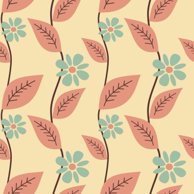 pastel cute leaves and daisy flowers seamless vector pattern background illustration