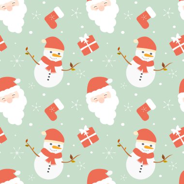 cute cartoon christmas seamless vector pattern background illustration with santa claus and snowman