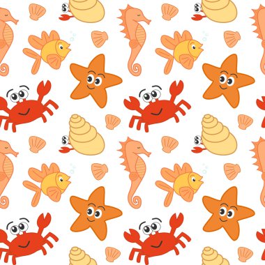 cartoon sea life colorful seamless vector pattern background illustration