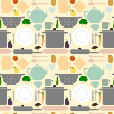 kitchen utensil and food seamless vector pattern background illustration