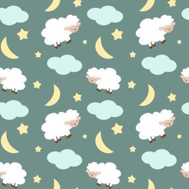 cute sheep in the night sky with stars moon and clouds seamless vector pattern background illustration