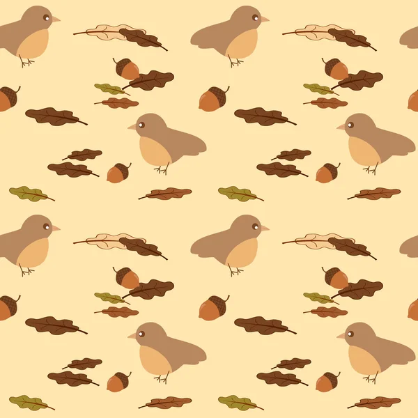 Lindo pájaro y hojas y bellotas inconsútil vector patrón fondo ilustración — Archivo Imágenes Vectoriales