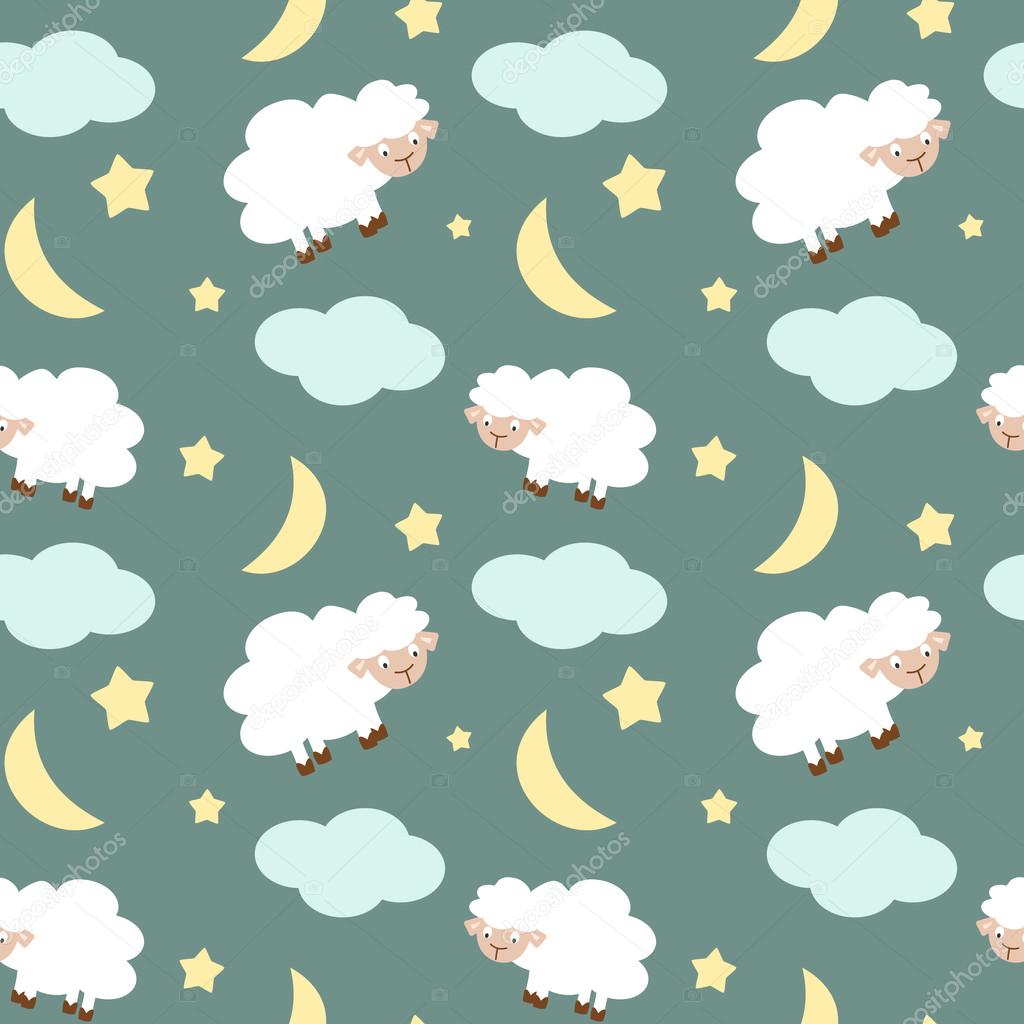 cute sheep in the night sky with stars moon and clouds seamless vector pattern background illustration