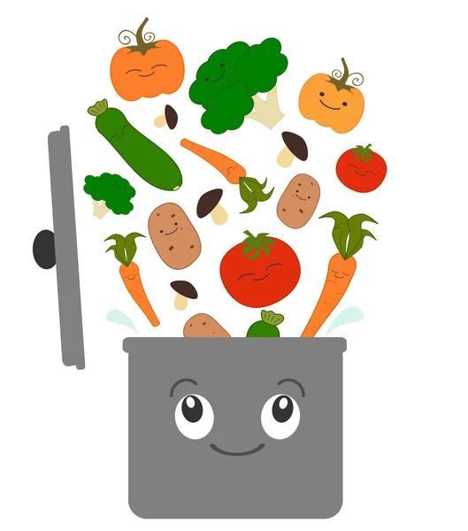 Cartoon-Gemüse für Suppe und Topfvektor lustige Illustration — Stockvektor