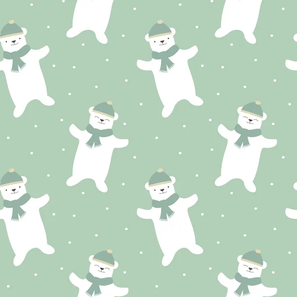 Lindo oso polar blanco de dibujos animados con nieve sin costuras patrón de vectores fondo ilustración — Vector de stock