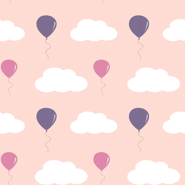Lindos globos encantadores en el cielo rosa con nubes blancas ilustración de fondo de patrón de vector sin costuras — Vector de stock