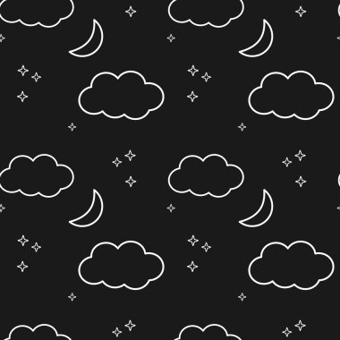 siyah ve beyaz gece gökyüzünde yıldızlar bulutlar ve ay kesintisiz vektör desen arka plan illüstrasyon