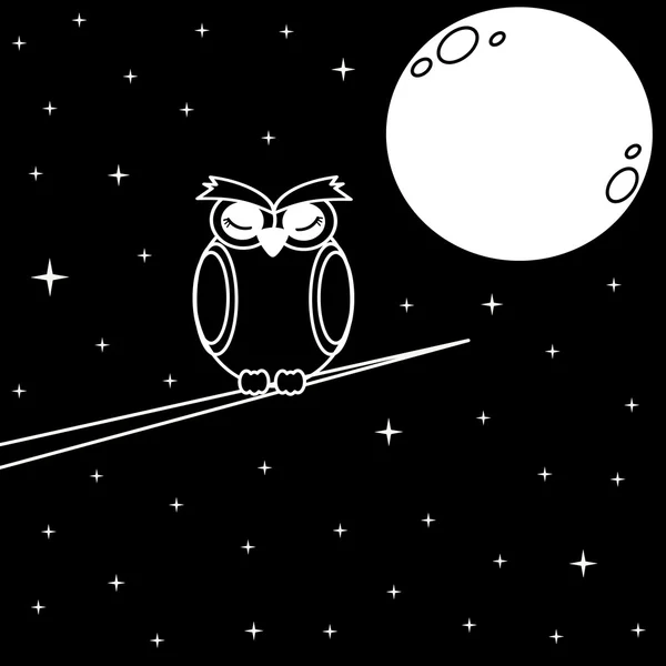 Owl on branch in the starry night black and white vector illustration — Stock Vector