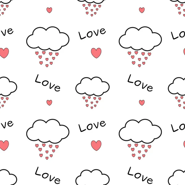 Sevimli çizgi bulutlar damla kalpler güzel romantik sorunsuz vektör desen arka plan illüstrasyon — Stok Vektör