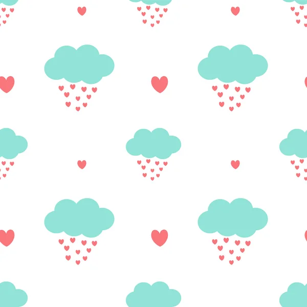 Lindo dibujos animados nubes gotas corazones romántico y encantador sin costuras patrón fondo ilustración — Vector de stock