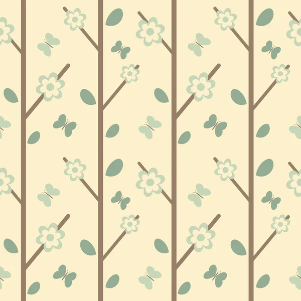 Schattig tak met bladeren bloemen en vlinders naadloze vector patroon achtergrond illustratie — Stockvector
