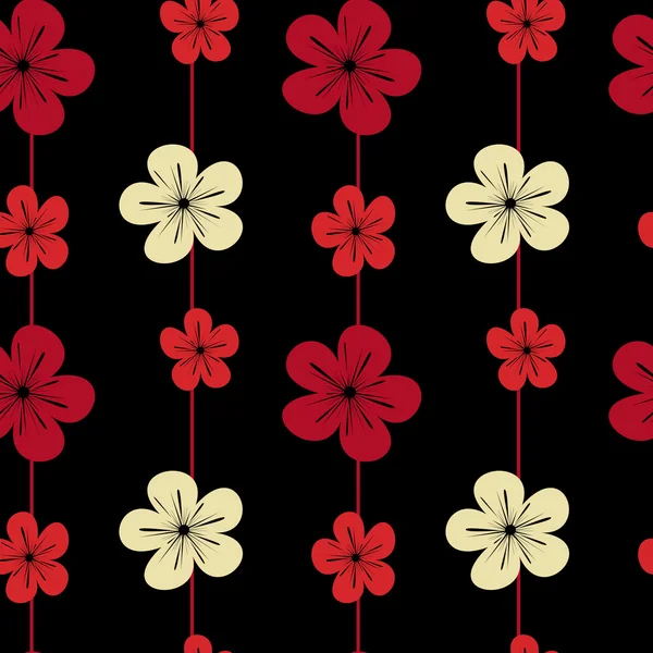 Flores de colores sobre fondo negro sin costuras patrón de vectores ilustración — Archivo Imágenes Vectoriales