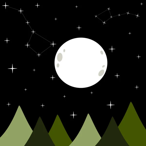 Grote witte volle maan in een vectorillustratie achtergrond zwarte donkere Sterrennacht met ursa dragen sterrenbeeld — Stockvector