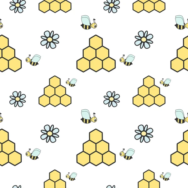 Mignon dessin animé fond vectoriel sans couture avec des abeilles, des rayons de miel et des fleurs de marguerite — Image vectorielle