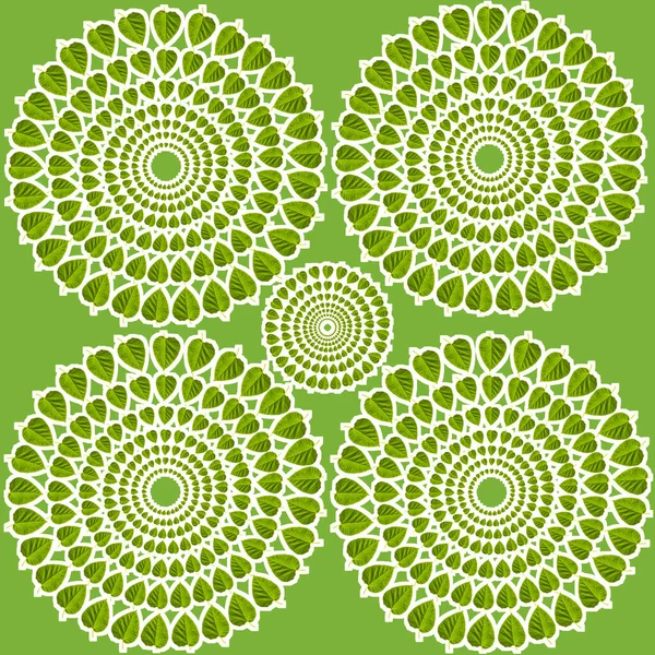 A seamless pattern with mulberry green leave circles on green background