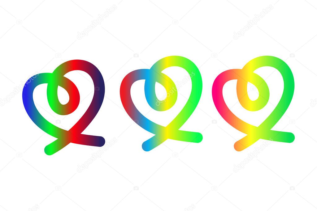 Color Line Hearts with Gradient. Spiral Heart Loop. Colorful Gradient Abstract Symbol Trio Design. Love Vector Symbols 3D Set