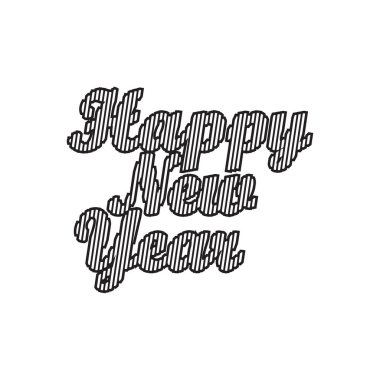 Temiz siyah-beyaz özetlenmiş Mutlu Yeni Yıl tipografi tasarımı sanatsal çizgili harfler, festival grafikleri, tebrik kartları ve modern tatil planları için mükemmel..