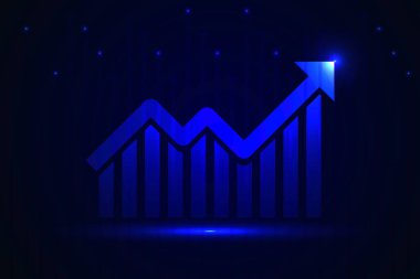 Karanlık Arkaplanda Upward Arrow 'lu Business Growth Chart. Yükselen Ok ile Finansal Büyüme ve Başarı Grafiği. Kâr Artırma ve Piyasa Büyütme Çizelgesi