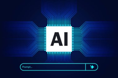 Hızlı arama çubuğu ve gelecekteki dijital devre arkaplanı olan yapay zeka çipi arayüzü kavramı. Vektör illüstrasyon soyut fütürist hitech tarzı. İşlemci çipi duvar kağıdı hesaplanıyor.