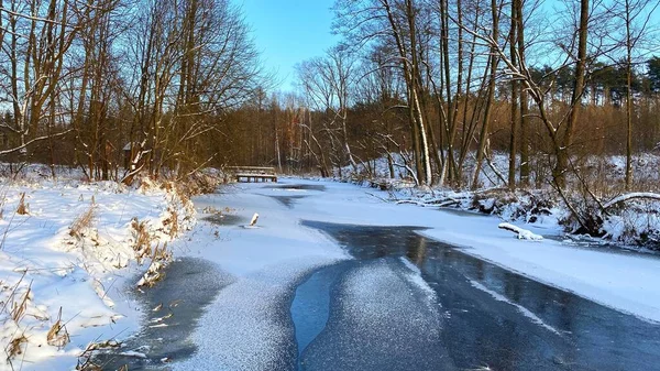 Zimowy Krajobraz Rzeka Czuciowo Zamarznita Pola Lasy Okolicach Wlodawy Pokrytej — Foto de Stock