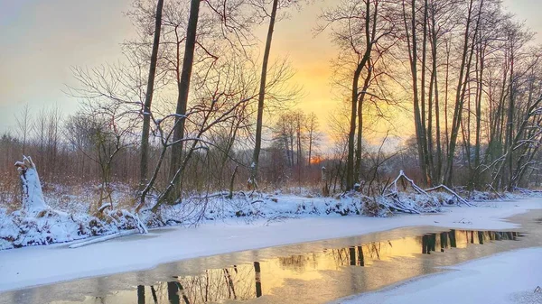 Zimowy Krajobraz Rzeka Czuciowo Zamarznita Pola Lasy Okolicach Wodawy Pokrytej — Foto de Stock