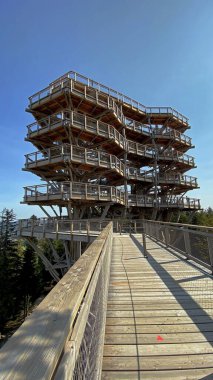 Krynica Zdrj, Küçük Polonya Voyvoda, Polonya-14 Eylül 2020. Sotwiny Arena kayak istasyonunun tepesindeki ağaç tepelerinde bir yıl gözcü kulesi